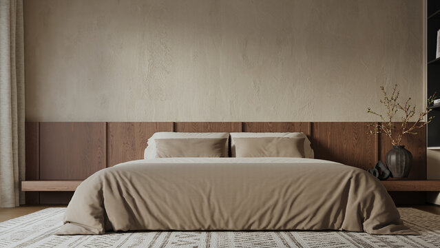 The modern minimal mock up design of bedroom interior have wooden side table, modern bed with wooden and concrete wall background. 3d render.