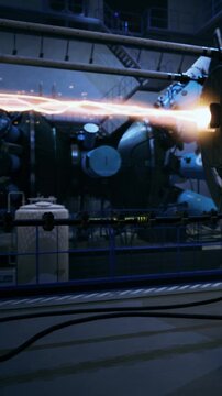 A large aircraft engine undergoes testing in a science research facility. Flames are produced as part of the engine performance evaluation. Technicians observe the process closely.