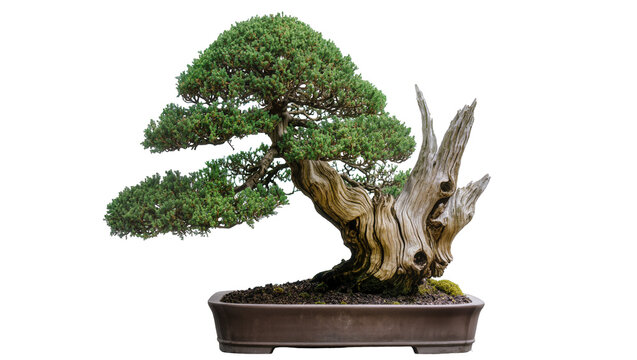 Mature Juniper Bonsai tree with gnarled trunk and green foliage in a rectangular pot
