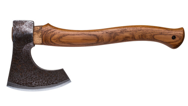 Hand forged axe with textured metal head and wooden handle
