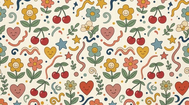 Seamless pattern: happy flowers, hearts, cherries, stars on light bkg