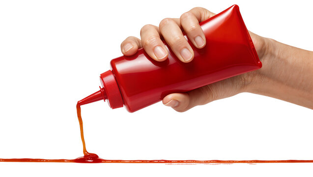 Hand squeezing red ketchup bottle, sauce dripping onto surface