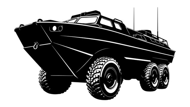 Amphibious Armored Personnel Carrier: A powerful and rugged amphibious armored personnel carrier with six wheels is depicted in a stark black and white illustration, ready for any terrain.