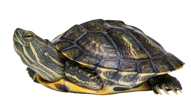 Red-eared slider turtle with detailed shell and striped neck