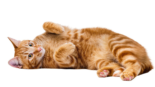 Orange tabby cat lying on its back, playful pose