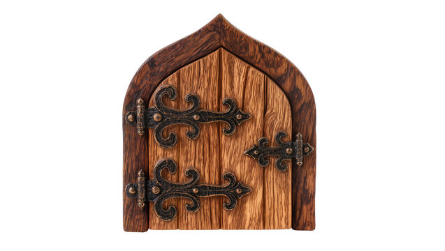 Gothic wooden fairy door with ornate metal hinges