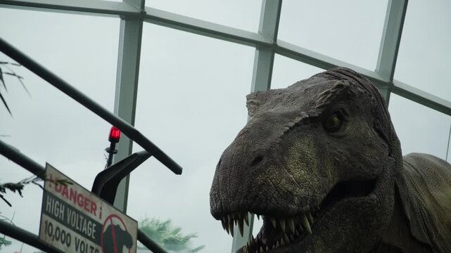 Tyrannosaurus rex enclosure with high voltage danger sign