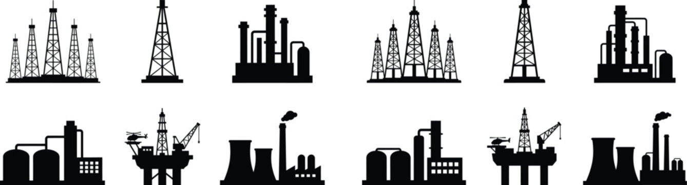 Oil and gas industry production processing facilities vector icons set. petroleum energy plant silhouettes.
