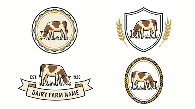 Set of vintage dairy farm logo designs with grazing cows.