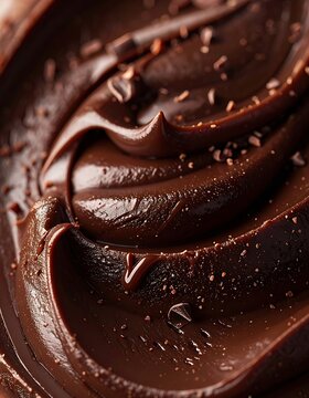 Close-up of rich, smooth chocolate frosting with specks