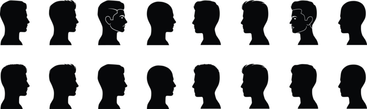 Collection of diverse male and female head profile silhouettes, black and white, isolated.