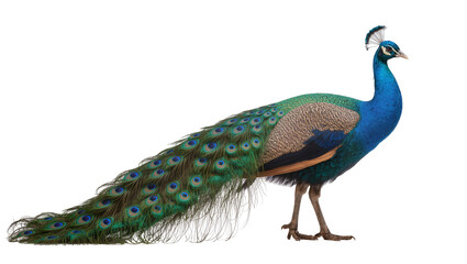Naklejka premium Peacock with vibrant blue and green plumage and long train