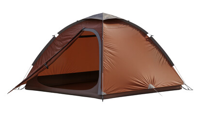 Brown dome camping tent with open door and grey accents © Jonas
