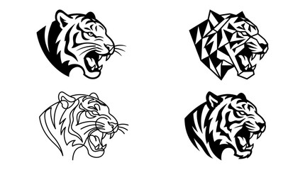 Obraz premium Set of four artistic tiger head illustrations in various black and white styles.