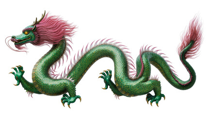 Fototapeta premium Green Chinese Dragon with Pink Mane and Tail