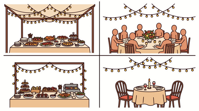 Set of festive dining scenes with food tables and decorated event seating.