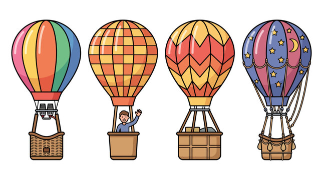 Set of four colorful hot air balloons with diverse patterns and a passenger.