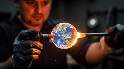 Fototapeta premium Glassblower Shaping a Molten Globe with the Earth's Continents Visible.