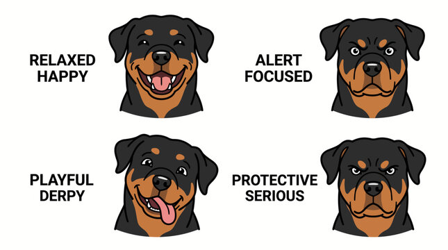 Set of four Rottweiler dog head illustrations with different emotional expressions.