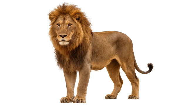 Majestic male lion with full mane standing on white