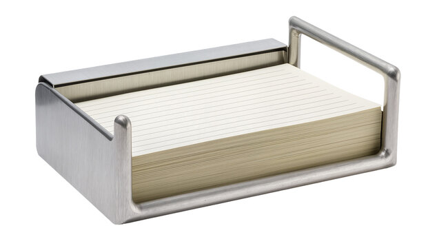 Brushed metal note card holder with stack of lined paper cards