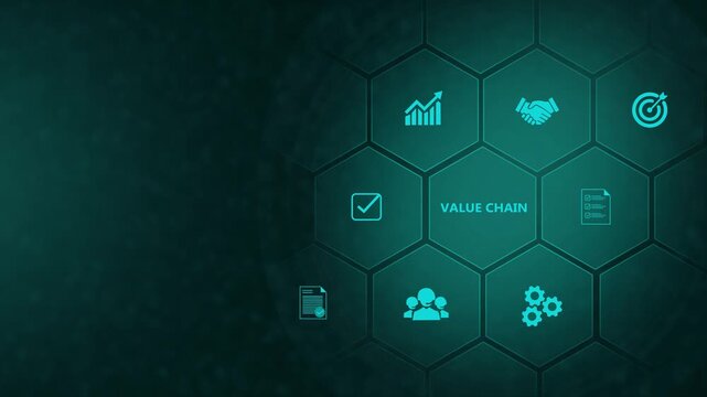Value chain, business concept. Banner web animated icons of service, sales, operation, logistics, marketing, development, management. digital interface on cyan color background