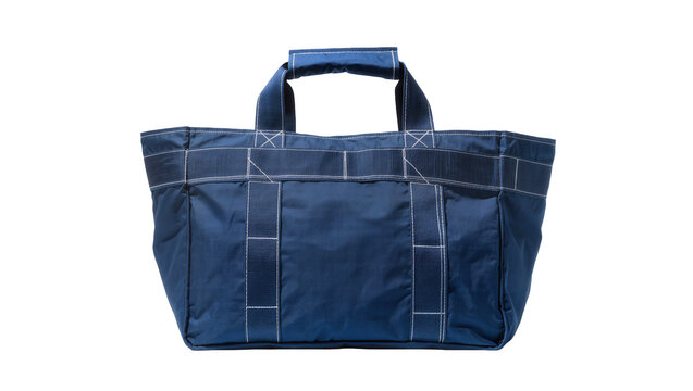 Navy blue canvas tote bag with white stitching and handles