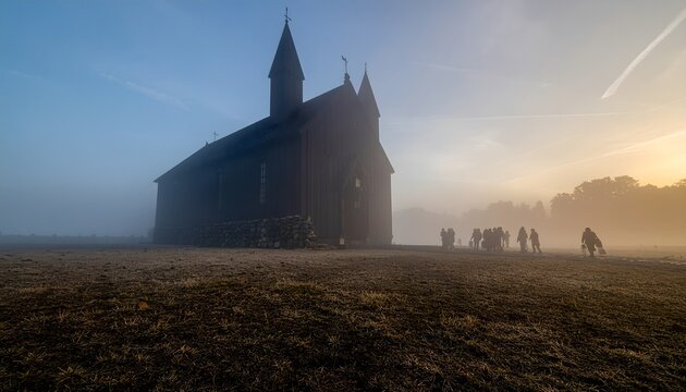 Misty Morning Sunrise Illuminates a Solitary Chapel with a Group of People Gathered Outside.