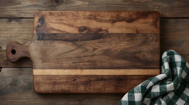 Dark brown colored wooden texture cutting board with checkered clothes. The overall composition highlights culinary preparation, farmhouse style, and timeless kitchenware design.