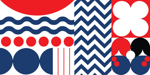 Obraz premium Abstract geometric pattern with blue wavy lines and red circles on transparent background