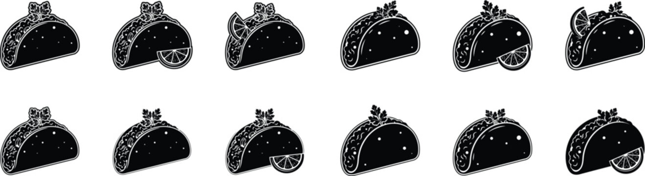 Isolated black icons of tacos with various toppings for restaurant menus and food delivery applications.