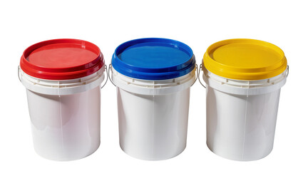 Three white plastic buckets with red blue, and yellow lids © Paul