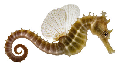 Brown seahorse with delicate translucent fins curled tail © Jonas