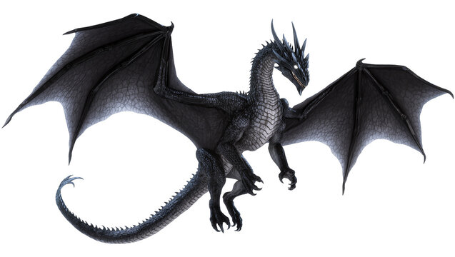 Black dragon with large wings spread sharp claws, and glowing eyes