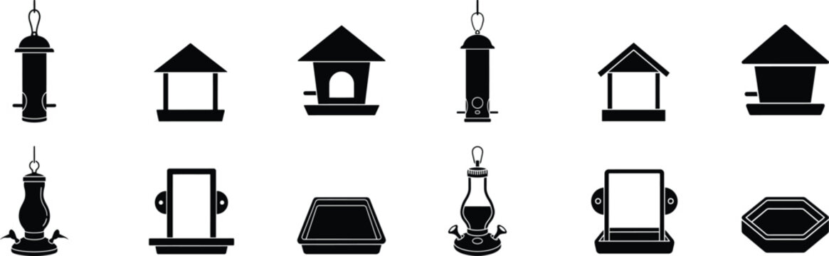 Bird feeder icon collection. set of feeders for garden birds. various birdhouse and feeding designs.