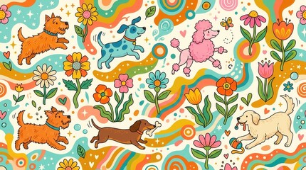 Obraz premium Various happy dogs play among bright flowers and abstract swirls in a cheerful cartoon style