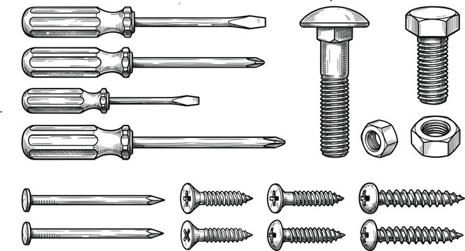 Hardware Fasteners and Hand Tools Vector Illustration with Screwdrivers Screws Nails Bolts and Nuts Set