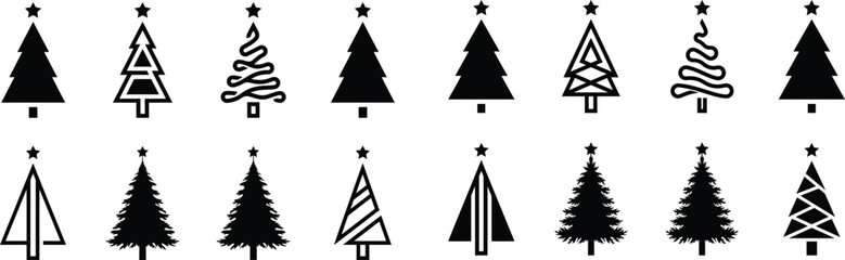 Fototapeta premium Minimalist christmas tree silhouettes collection featuring various geometric holiday pine icons with stars.