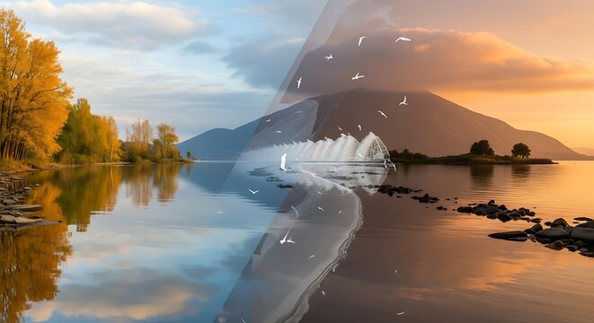 Surreal split landscape water and sand reflections with birds and mountains