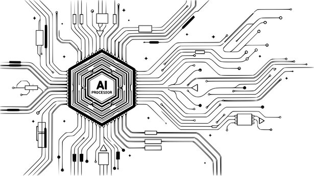 Organic AI circuit board vector design with flowing light blue wire traces, futuristic semiconductor chip and abstract components on white background