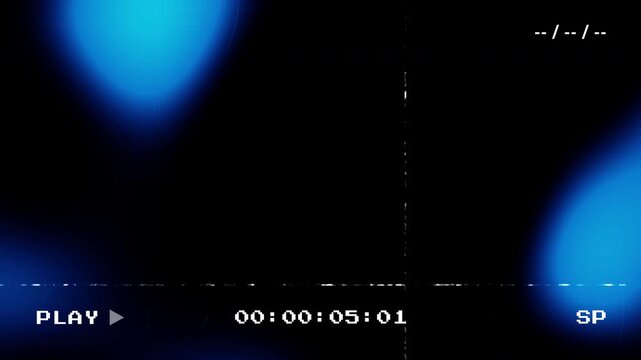 Abstract blue glowing light shapes moving on a black background with retro VHS analog tape overlay and timecode display for a vintage glitch aesthetic