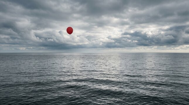 A single matte red helium balloon floating above a calm endless ocean