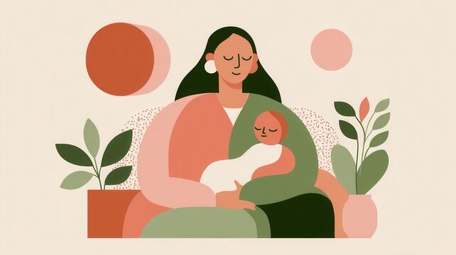 Mother embracing baby in minimalist line art illustration with warm shapes and leaves abstract