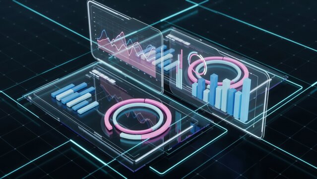 Digital data dashboard with 3d charts and graphs on a futuristic dark background