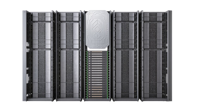 Server Rack Array with Central Data Processing Unit and Metallic Emblem