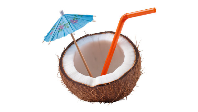 Half coconut with blue cocktail umbrella and orange straw
