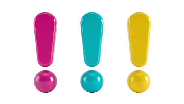 Three exclamation marks in pink teal, and yellow