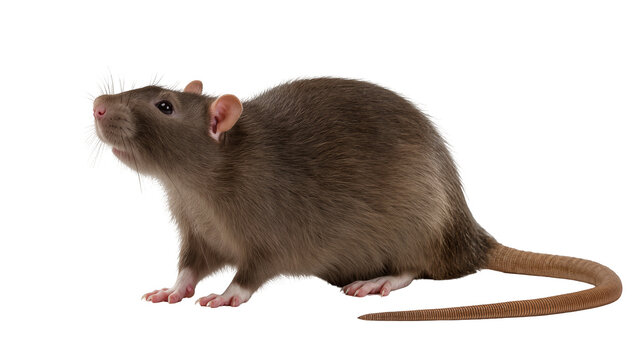 Brown rat with whiskers and pink ears looking up