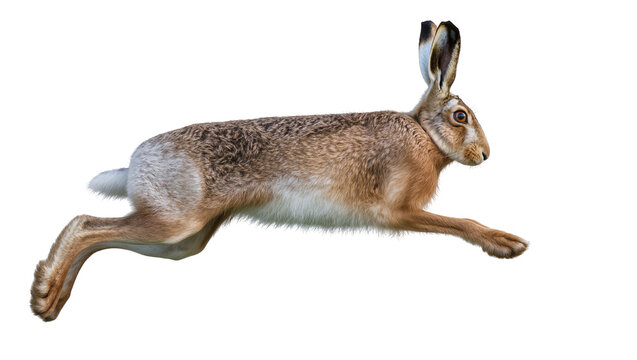 Brown hare running with legs extended, side view