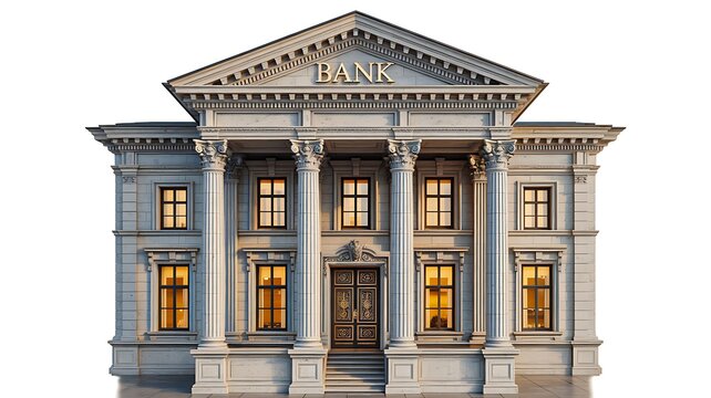 Classic bank building with illuminated windows and grand neoclassical architecture